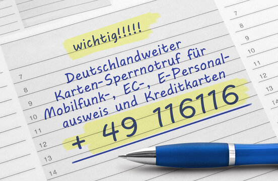 Notiz, Rufnummer: 116116, Karten-Sperrnotruf