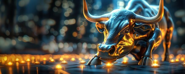 raging bull with finance elements on the background - obrazy, fototapety, plakaty