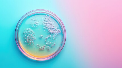 Abstract laboratory concept with Petri dishes containing glowing bacterial colonies with a pastel iridescent effect, minimalist design. Copy space