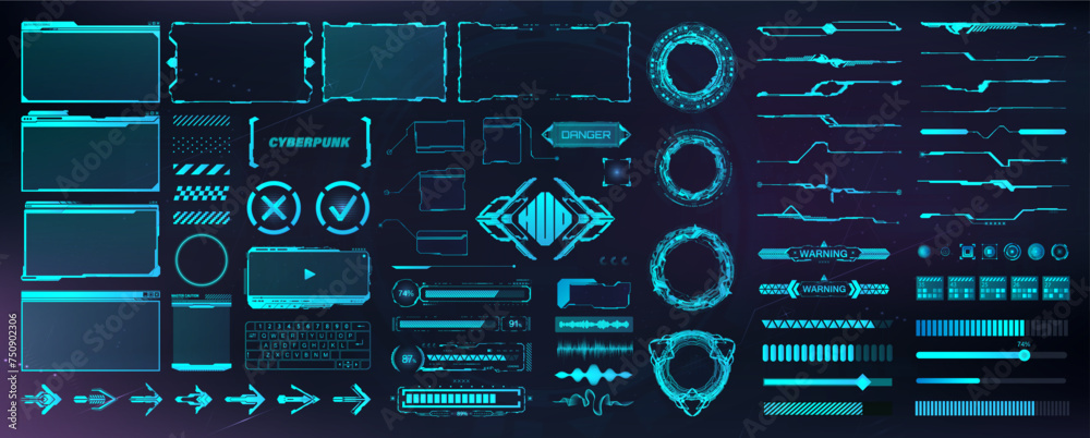 Poster Digital user interface, HUD elements for UI, UX, GUI. Futuristic User Elements - arrows, callouts, frame, cyber buttons, holograms, board UI, circle FUI, audio, keyboard in cyberpunk style. Vector set