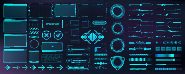 Digital user interface, HUD elements for UI, UX, GUI. Futuristic User Elements - arrows, callouts, frame, cyber buttons, holograms, board UI, circle FUI, audio, keyboard in cyberpunk style. Vector set - obrazy, fototapety, plakaty