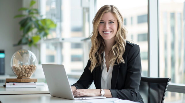 Smiling businesswoman at office desk with laptop