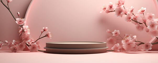 Stone podium with blossoming sacra branches on a pink background for Product display