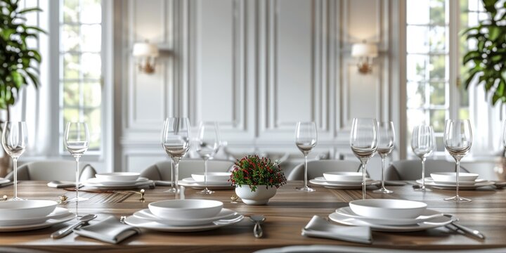 Elegant dining setup with symmetrical design and fine tableware set against classic decor