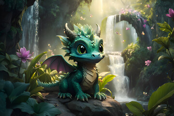 adorable cutest dragon kid seating at stone near waterfall around flowers.chinise horoscope symbol.  AI generated - 750902798