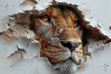 Dynamic Wildlife Encounter: Lion's Head Emerges Through 3D Hole in Wall, Creating Captivating Scene