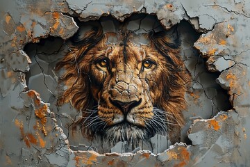Dynamic Wildlife Encounter: Lion's Head Emerges Through 3D Hole in Wall, Creating Captivating Scene