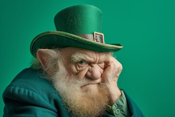 Portrait of a serious Elderly man in a leprechaun hat with a beard, Celebrating St. Patrick's Day