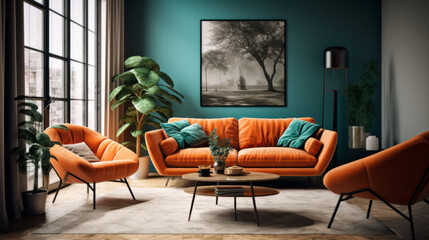 A modern living room with a bright orange sofa and a teal armchair