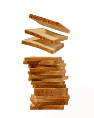 A stack of white toasted bread on a white isolated background