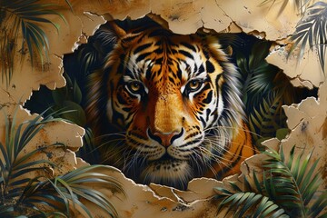 Immersive Tiger Encounter: 3D Hole in Wall Reveals Striking Scene of Majestic Tiger