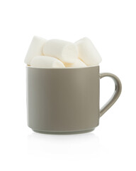 A mug of coffee with marshmallows on a white isolated background