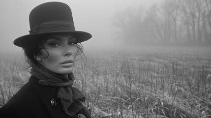 a black and white photo of a woman in a hat and coat in a foggy field with tall grass.