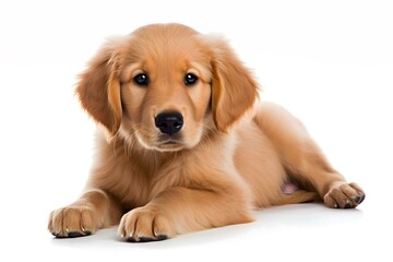 A small golden retriever puppy on a white background