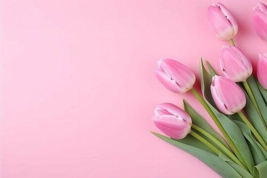 A bouquet of tulips on a soft pink background.Horizontal banner. Copy space for tex