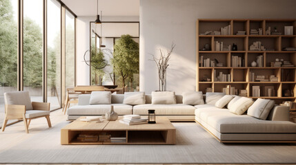 A modern living room with sustainable furnishings and a warm ambience