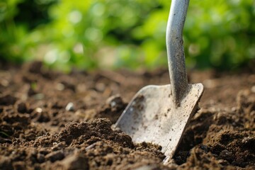 A sturdy shovel digs into fertile soil, signifying the beginning of a gardening or farming endeavor