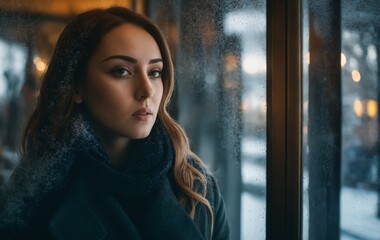 Cinematic photo portrait of woman behind frosted glass in winter