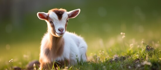 A baby goat is sitting in the grass, looking directly at the camera with a curious expression. The goat appears relaxed and adorable in its natural environment. - obrazy, fototapety, plakaty