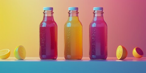 Colorful fruit juices in glass bottles with natural shadows and citrus slices