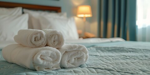 Elegant hotel room with fresh towels on bed inviting comfort and relaxation