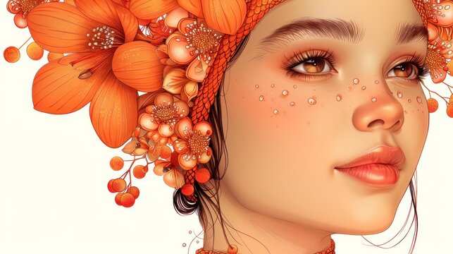a digital painting of a woman's face with orange flowers in her hair and water droplets on her face.