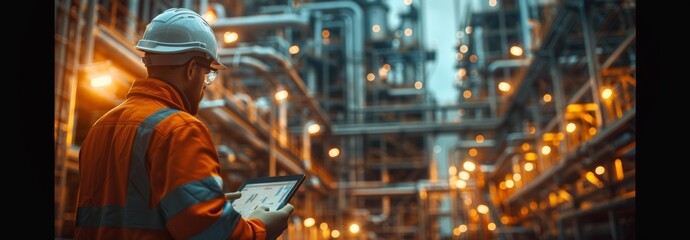 Worker Checking Tablet Amidst Glowing Industrial Refinery