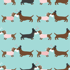 Seamless wedding pattern with dachshunds groom and bride on blue background. 