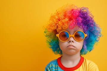 Serious Child with Rainbow Curly Wig and Orange Sunglasses
