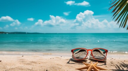 A pair of red sunglasses and a starfish are resting on the sandy beach with the turquoise ocean and blue sky in the background. The image is a perfect example of summer and relaxation.