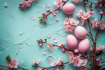 Flat lay of Easter eggs and fresh pink blooms against a blue backdrop