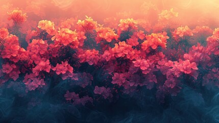 a painting of pink and red flowers on a blue and orange background with smoke coming out of the top of the flowers.