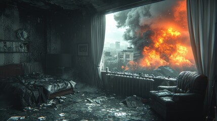 a bed room with a bed a chair and a fire raging out of the window and buildings in the background.