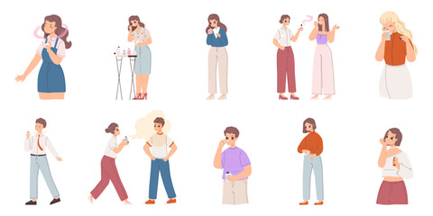 People and perfume. Adult using and trying fragrance, testing aromatic water in beauty store. Shopping cosmetics, perfumer at work, snugly vector set