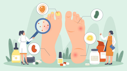 Podiatry concept. Nail and foot disease, medical treatment. Tiny doctors or scientists looking on feet with problems, snugly diagnosis vector scene © MicroOne