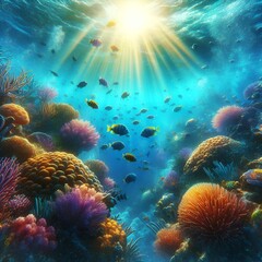 Tropical sea underwater fishes on coral reef. Aquarium oceanarium wildlife colorful marine panorama landscape nature snorkel diving