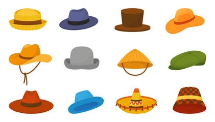Cartoon male hats. Isolated gentleman hat, vintage and trendy stylish head accessories. Fabric and straw caps, cylinder and cowboy style, neoteric vector set
