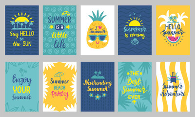 Hello summer cards design. Summer calligraphy and lettering phrases on colorful background. Printable seasonal hand drawn neoteric vector templates