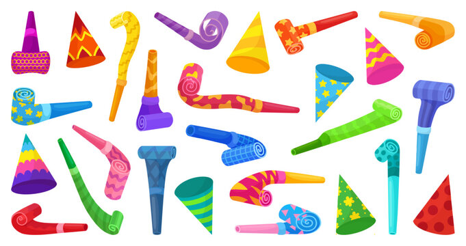Birthday cones and blowers. Party cone for celebrating, decorative hats for children and adults. Whistles, paper sound toys, neoteric vector collection