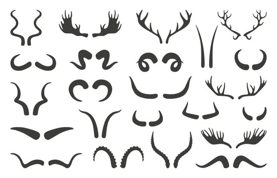 Antlers silhouettes. Black horns, deer, moose, ram, antelope elements. Horned mammals hunting trophy, wildlife animal horn neoteric vector set