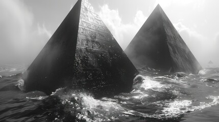 a black and white photo of two large pyramids in the middle of a body of water with a boat in the background.