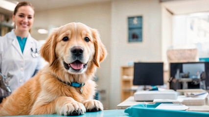 closeup of golden retriever puppy looking at camera, at the vet's office. Behind, out of focus, the veterinarian smiling.  - obrazy, fototapety, plakaty