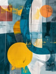 This abstract painting showcases a blend of vivid blue, yellow, and white colors blending in various shapes and patterns, creating a dynamic and engaging composition.