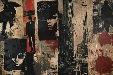 Fototapeta premium Step into the gritty world of street art with a captivating collage of posters featuring numerous artists, evoking the aesthetic of noir comic art through torn paper and iconic vintage imagery