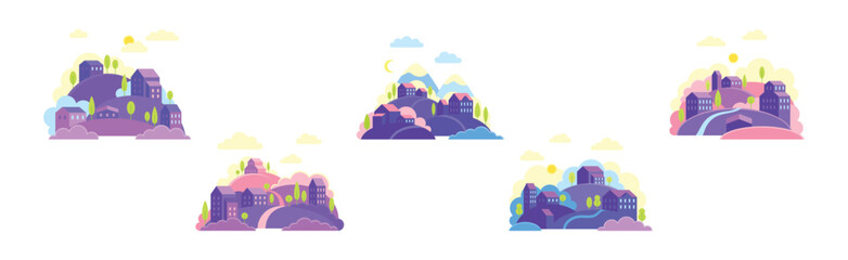 Small Town Scenes with House on Hills with Tree Vector Set