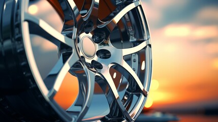 A close-up shot of a polished alloy wheel, reflecting the surrounding environment with precision. - obrazy, fototapety, plakaty