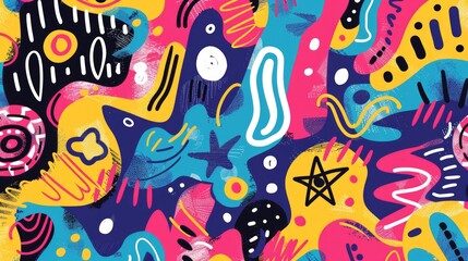 Fototapeta na wymiar Naive playful abstract shapes in doodle grunge style in multi colored. Squiggles, circles, asterisk, infinity sign, dots and wavy bold lines. Vector illustration with colorful geometric elements.