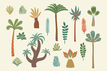 Set of drawn vector palm trees. Modern abstract isolated illustrations. Vector designs - 750906701