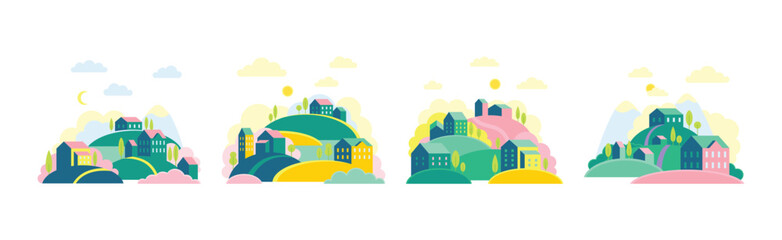 Small Town Scenes with House on Hills with Tree Vector Set