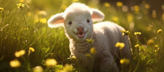 A cute, little white lamb is standing in a field filled with green grass and vibrant flowers. The lamb looks happy and brings smiles to those who see it.